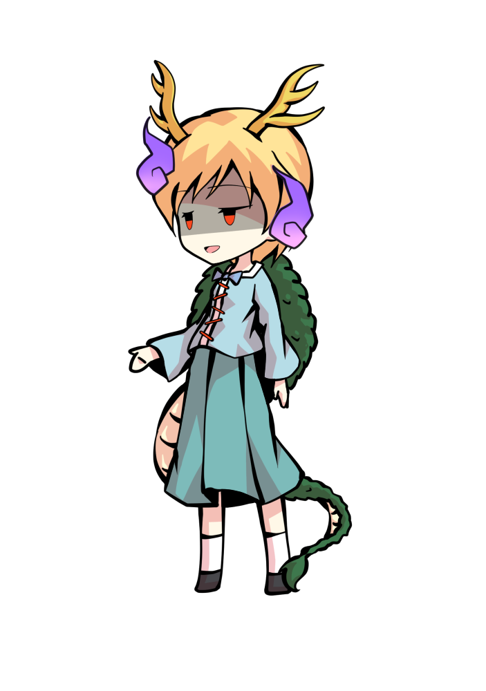 dairi, kicchou yachie, touhou, commentary request, large variant set, variant set, 1girl, antlers, aqua skirt, black shoes, blonde hair, blue shirt, chibi, chibi only, dragon girl, dragon tail, full body, horns, shirt, shoes, short hair, skirt, socks, solo, standing, tachi-e, tail, transparent background, white socks