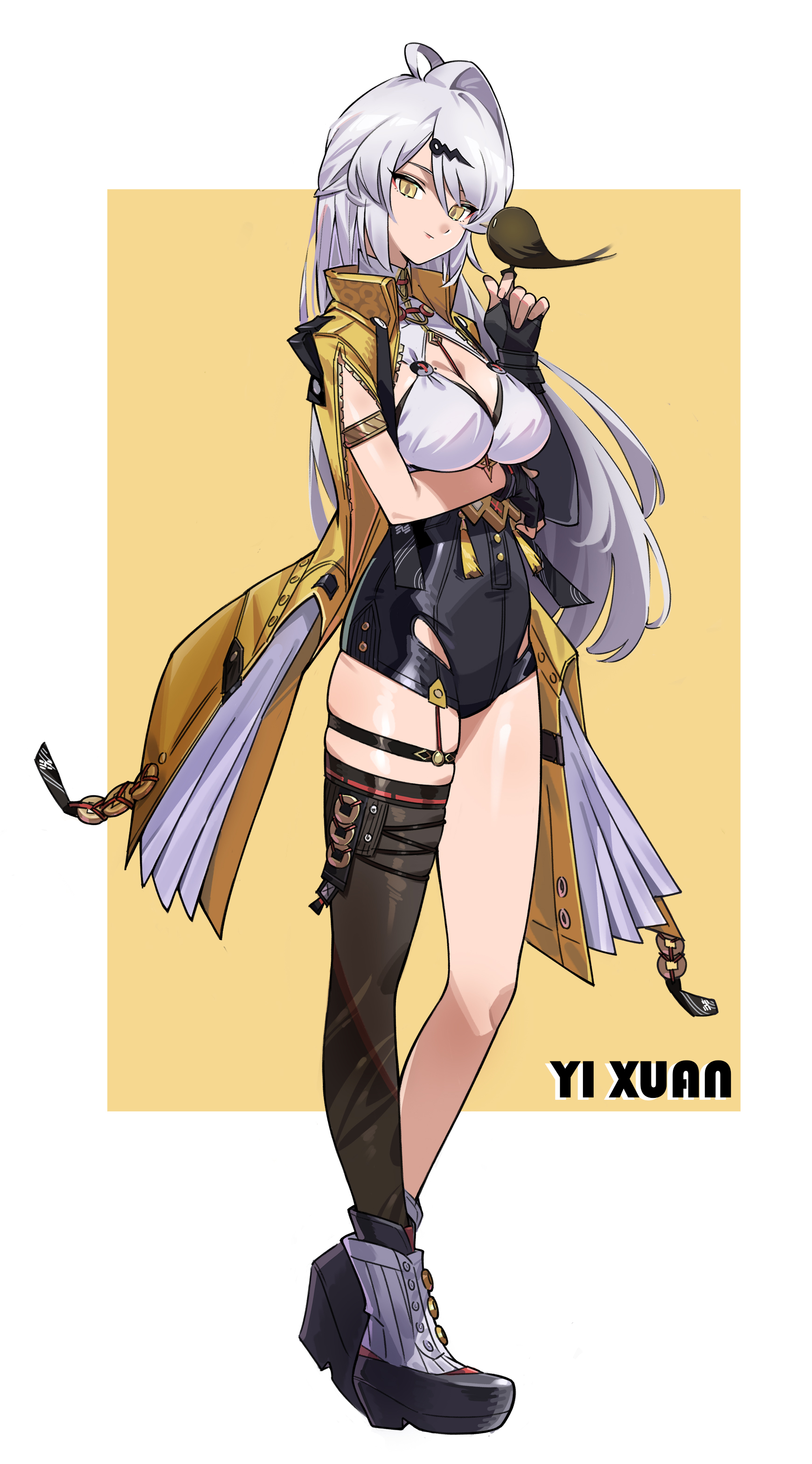 yixuan (zenless zone zero), zenless zone zero, absurdres, highres, 1girl, asymmetrical gloves, bird, bird on hand, black bird, black unitard, boots, breasts, cleavage, coin, coin on string, elbow gloves, fingerless gloves, gloves, hair ornament, hairpin, high-waist shorts, jacket, long hair, looking at viewer, mole, mole on breast, mole on chest, nyan-zz, orange background, shorts, single elbow glove, single hair intake, single thighhigh, smile, solo, standing, thighhighs, uneven gloves, white background, white boots, white hair, yellow eyes, yellow jacket, yin yang pin