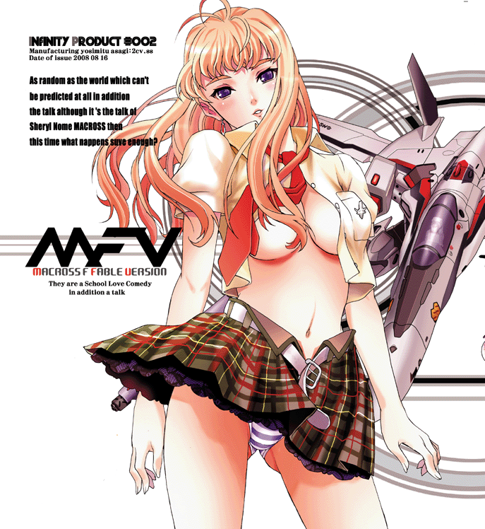 asagi yoshimitsu, sheryl nome, macross, macross frontier, 00s, 1girl, blonde hair, breasts, female focus, long hair, medium breasts, midriff, navel, open clothes, open shirt, panties, purple eyes, shirt, solo, striped clothes, striped panties, underwear