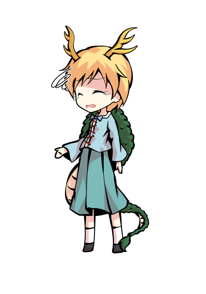 dairi, kicchou yachie, touhou, commentary request, large variant set, variant set, 1girl, antlers, aqua skirt, black shoes, blonde hair, blue shirt, chibi, chibi only, dragon girl, dragon tail, full body, horns, shirt, shoes, short hair, skirt, socks, solo, standing, tachi-e, tail, transparent background, white socks