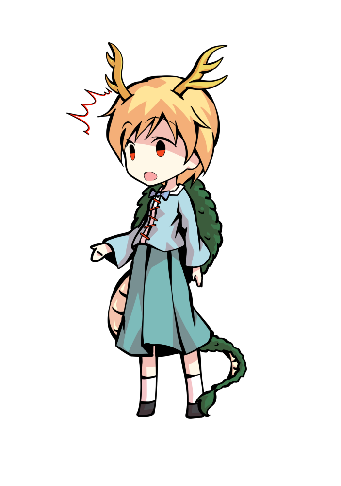 dairi, kicchou yachie, touhou, commentary request, large variant set, variant set, 1girl, antlers, aqua skirt, black shoes, blonde hair, blue shirt, chibi, chibi only, dragon girl, dragon tail, full body, horns, shirt, shoes, short hair, skirt, socks, solo, standing, tachi-e, tail, transparent background, white socks