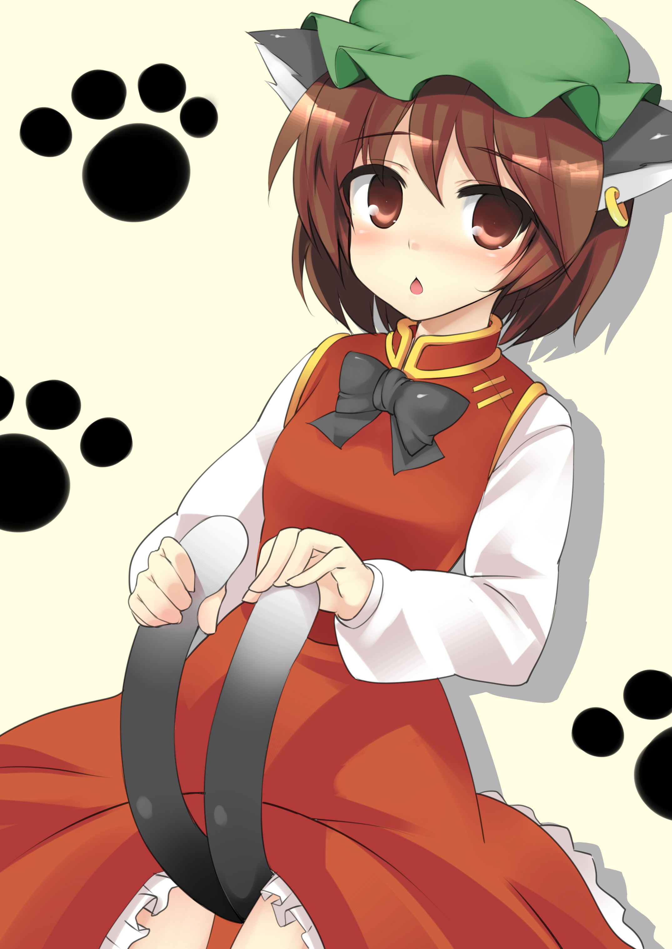 doriruman, chen, touhou, absurdres, highres, 1girl, animal ears, brown eyes, brown hair, cat ears, cat girl, cat tail, earrings, female focus, hat, jewelry, multiple tails, paw print, short hair, solo, tail