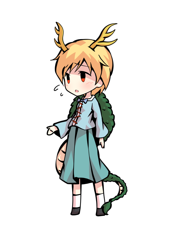 dairi, kicchou yachie, touhou, commentary request, large variant set, variant set, 1girl, antlers, aqua skirt, black shoes, blonde hair, blue shirt, chibi, chibi only, dragon girl, dragon tail, full body, horns, shirt, shoes, short hair, skirt, socks, solo, standing, tachi-e, tail, transparent background, white socks