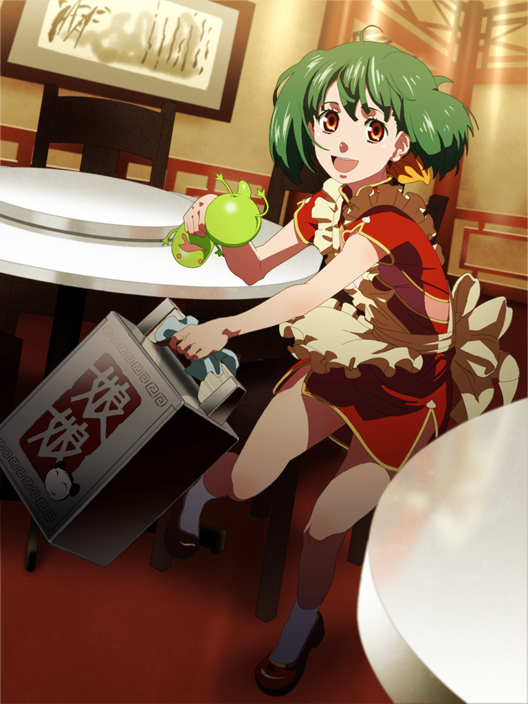 baro, ranka lee, macross, macross frontier, bad id, bad pixiv id, 00s, 1girl, :d, ahoge, apron, china dress, chinese clothes, dress, female focus, full body, green hair, hair ribbon, happy, indoors, legs apart, lizard, open mouth, orange eyes, parted bangs, pelvic curtain, red shoes, reflection, restaurant, ribbon, shoes, short hair, smile, socks, solo, waitress, white socks