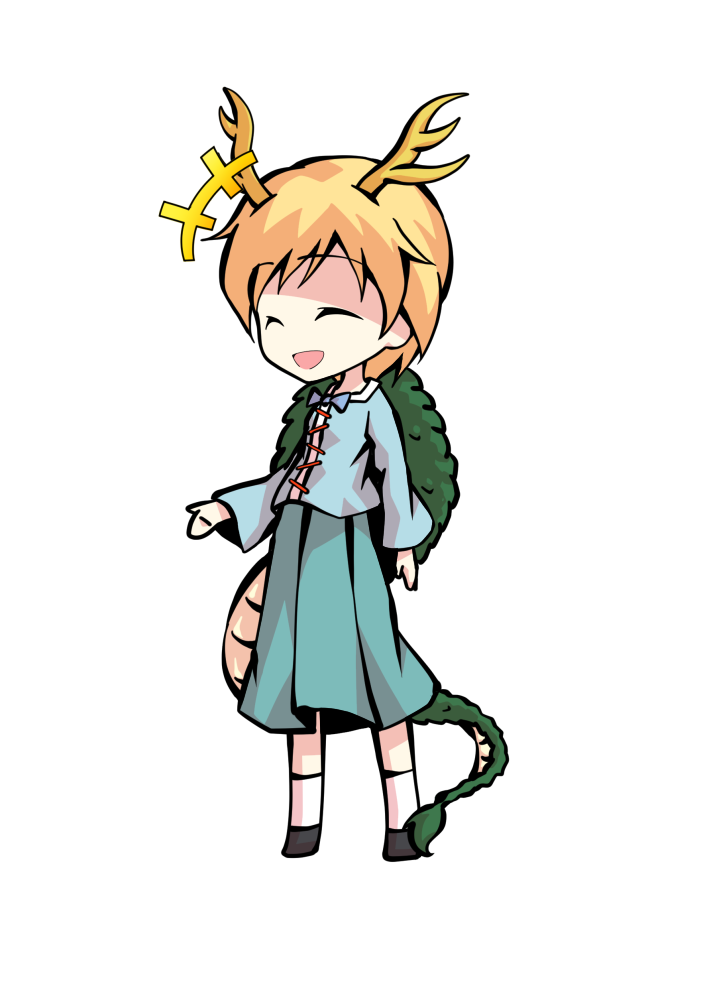 dairi, kicchou yachie, touhou, commentary request, large variant set, variant set, 1girl, antlers, aqua skirt, black shoes, blonde hair, blue shirt, chibi, chibi only, dragon girl, dragon tail, full body, horns, shirt, shoes, short hair, skirt, socks, solo, standing, tachi-e, tail, transparent background, white socks
