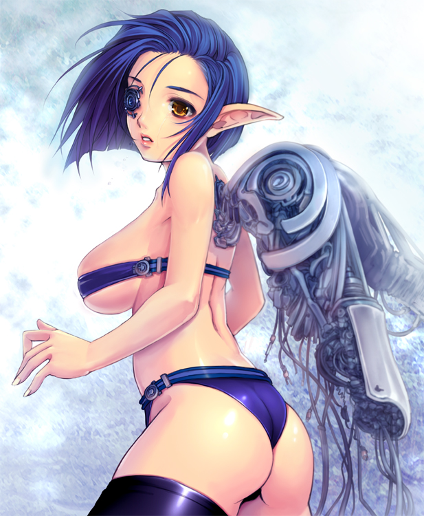 yoko juusuke, fc internazionale milano, internazionale, original, 1girl, ass, back, blue hair, breasts, female focus, large breasts, personification, pointy ears, short hair, soccer, solo, thighhighs, underboob, yellow eyes