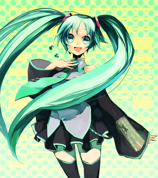 sciw, hatsune miku, vocaloid, bad id, bad pixiv id, aqua hair, blue eyes, happy, necktie, skirt, smile, solo, twintails