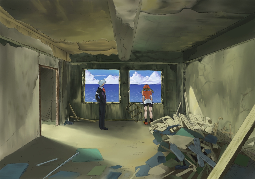 goma (gorone), wp3, may (pokemon), steven stone, nintendo, pokemon, pokemon rse, 00s, 1boy, 1girl, abandoned building, bandana, beach, brown hair, gazing, hat, ocean, rubble, ruins, staring, window