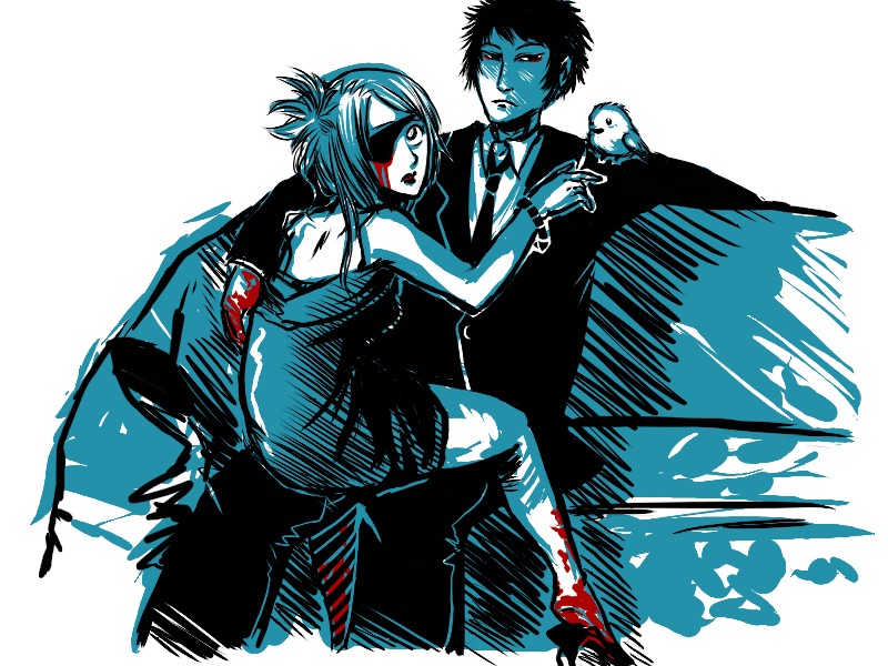 hehehahamx, chrome dokuro, hibari kyouya, hibird, katekyo hitman reborn!, 00s, 1boy, 1girl, black hair, blood, eyepatch, formal clothes, short hair