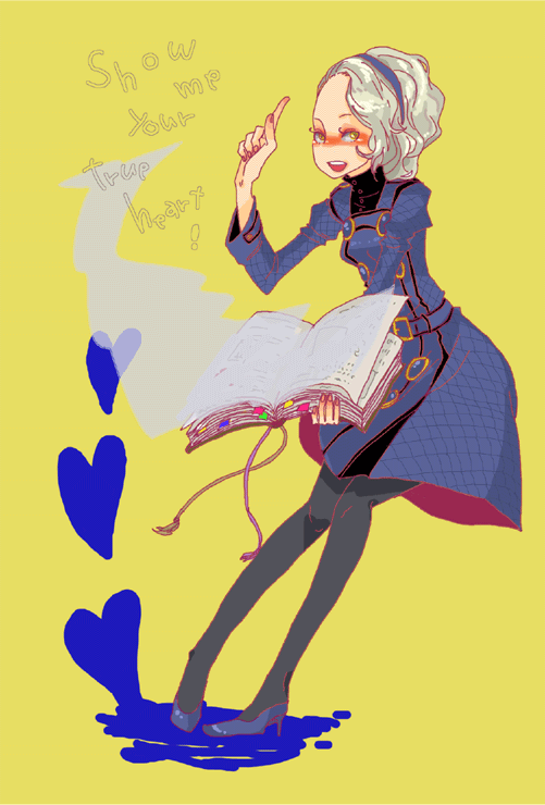 ten, ten (ch), margaret (persona), atlus, persona, persona 4, margaret, silver hair, bad id, bad pixiv id, 1girl, blush, book, dress, female focus, pantyhose, solo, yellow eyes