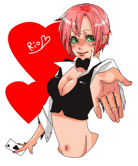 ten, ten (ch), rio rollins, super blackjack, bad id, bad pixiv id, 1girl, croupier, female focus, green eyes, pink hair, short hair, solo