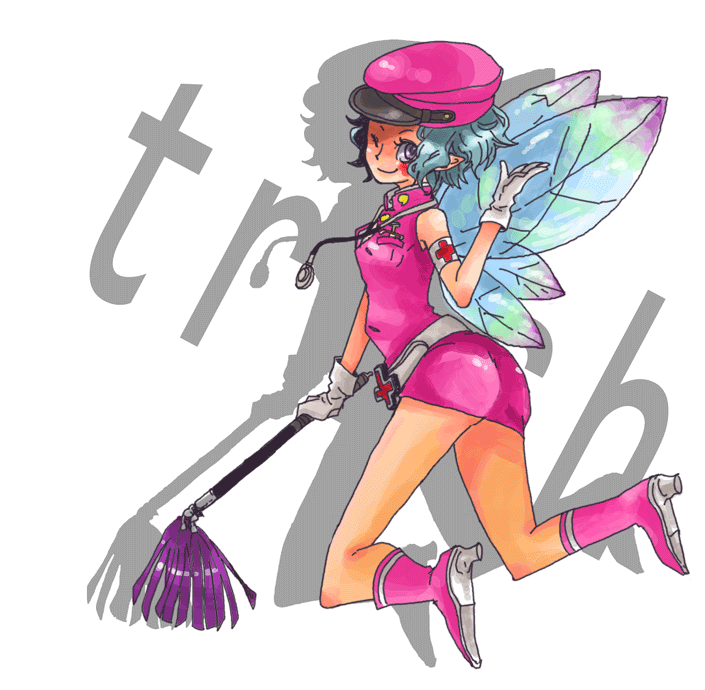 ten, ten (ch), trish (persona), atlus, persona, persona 1, persona 2, bad id, bad pixiv id, 1girl, belt, blue hair, boots, fairy, female focus, gloves, hat, looking at viewer, looking back, nurse, one eye closed, short hair, simple background, solo, white background, wings, wink