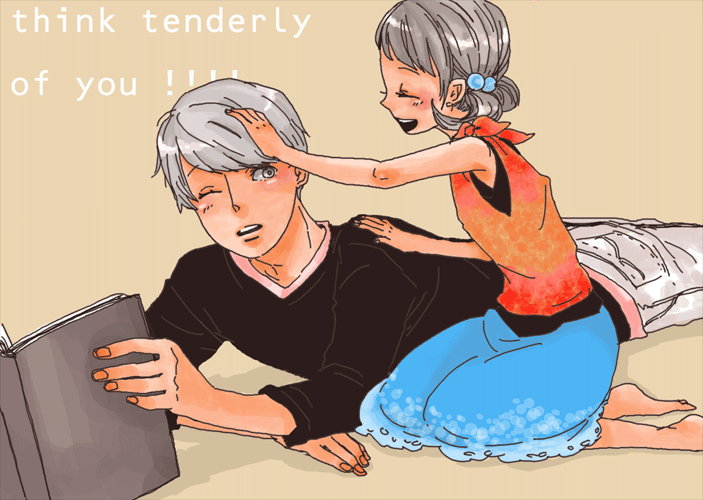 ten, ten (ch), doujima nanako, narukami yu, atlus, persona, persona 4, beige background, silver hair, bad id, bad pixiv id, 1boy, 1girl, bare shoulders, book, holding, holding book, kneeling, long sleeves, lying, on stomach, open book, reading, short hair, simple background, sweater