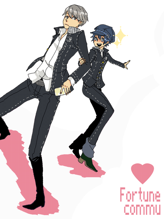 ten, ten (ch), narukami yu, shirogane naoto, atlus, persona, persona 4, silver hair, bad id, bad pixiv id, 1boy, 1girl, androgynous, blue hair, couple, hat, hetero, reverse trap, short hair