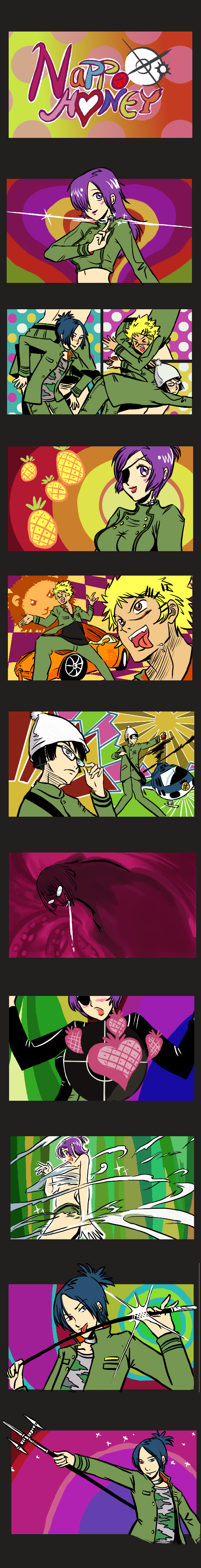 hehehahamx, chrome dokuro, rokudou mukuro, cutie honey, katekyo hitman reborn!, absurdres, bad id, bad pixiv id, highres, long image, tall image, 1girl, 3boys, multiple boys, parody