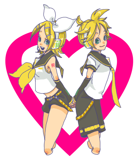 ten, ten (ch), kagamine len, kagamine rin, vocaloid, bad id, bad pixiv id, 1boy, 1girl, blonde hair, brother and sister, headset, shorts, siblings, twins