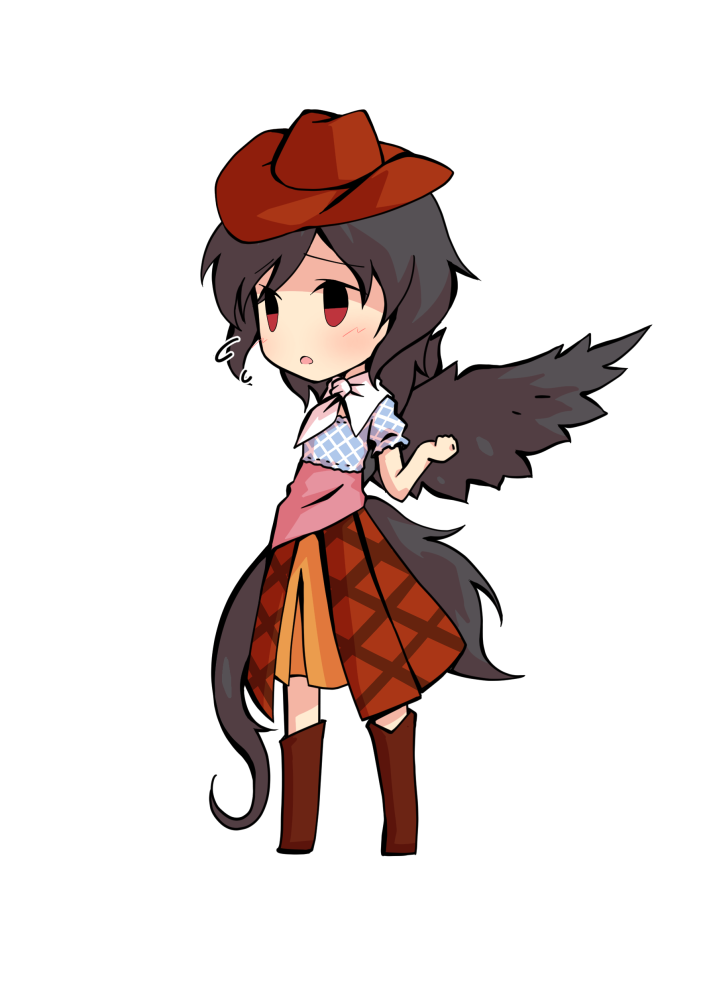 dairi, kurokoma saki, touhou, commentary request, large variant set, variant set, 1girl, bare shoulders, black hair, blue dress, blue sleeves, boots, brown boots, brown dress, brown hat, chibi, chibi only, cowboy hat, dress, full body, hair between eyes, hand up, hat, horse tail, long hair, multicolored dress, scarf, short sleeves, solo, tachi-e, tail, transparent background, white scarf, wings