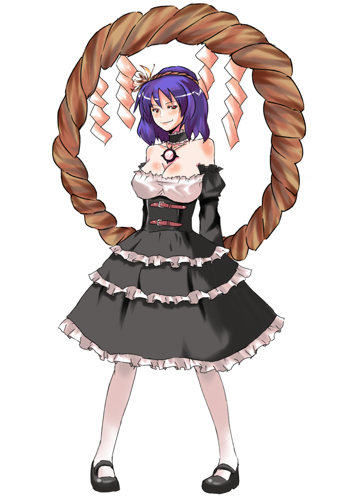 reon (pixiv), reon (saikyou), yasaka kanako, touhou, bad id, bad pixiv id, 1girl, bare shoulders, blue hair, breasts, cleavage, detached sleeves, dress, female focus, full body, gothic lolita, large breasts, lolita fashion, red eyes, rope, shide, shimenawa, short hair, simple background, solo, white background