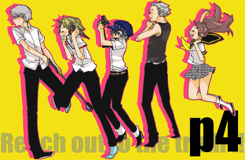 ten, ten (ch), hanamura yousuke, kujikawa rise, narukami yu, shirogane naoto, tatsumi kanji, atlus, persona, persona 4, bad id, bad pixiv id, 2girls, 3boys, golf club, hat, jumping, multiple boys, multiple girls, school uniform, serafuku, socks