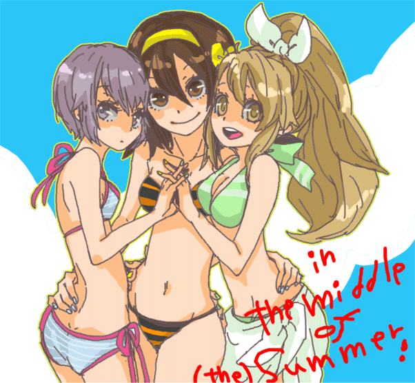 ten, ten (ch), asahina mikuru, nagato yuki, suzumiya haruhi, suzumiya haruhi no yuuutsu, bad id, bad pixiv id, 00s, 3girls, bikini, bow, brown eyes, brown hair, hairband, holding hands, long hair, multiple girls, open mouth, ponytail, purple eyes, purple hair, sarong, short hair, smile, swimsuit