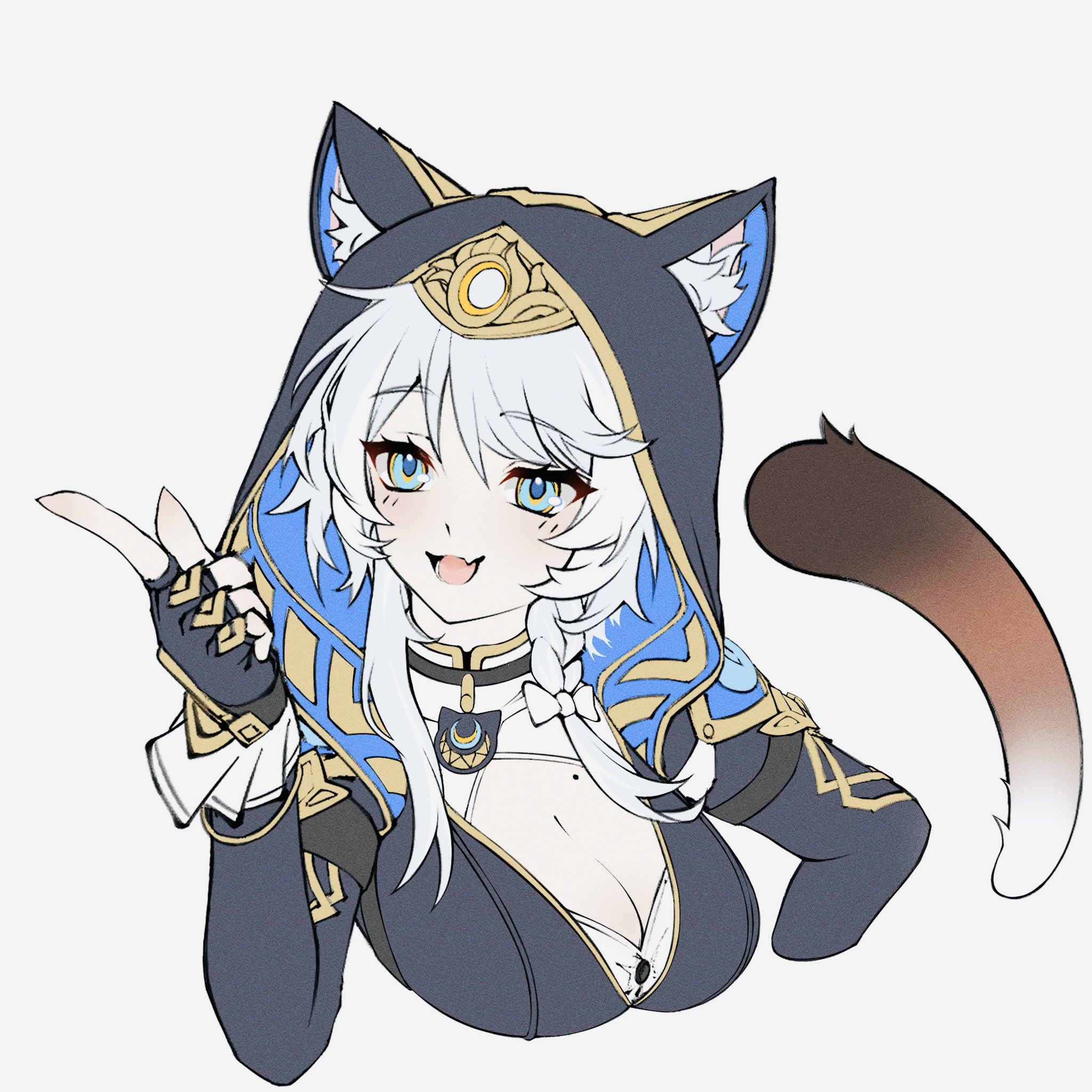 puyopuyo 10, cipher (honkai: star rail), honkai: star rail, honkai (series), commentary, highres, 1girl, :d, animal ear fluff, animal ears, black gloves, blue eyes, braid, breasts, cat ears, cleavage, fang, fingerless gloves, gloves, grey background, grey hair, hood, medium breasts, medium hair, mole, mole on chest, open mouth, pointing, simple background, single braid, smile, solo, upper body