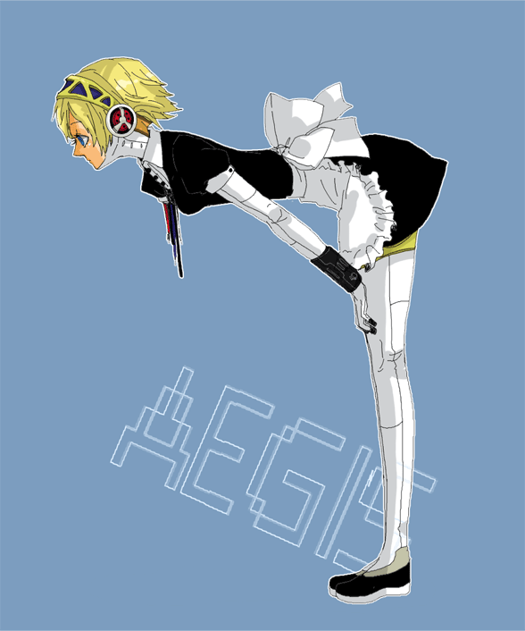 ten, ten (ch), aigis (persona), atlus, persona, persona 3, android, apron, bent over, blonde hair, blue eyes, maid, maid apron, short hair, simple background, solo