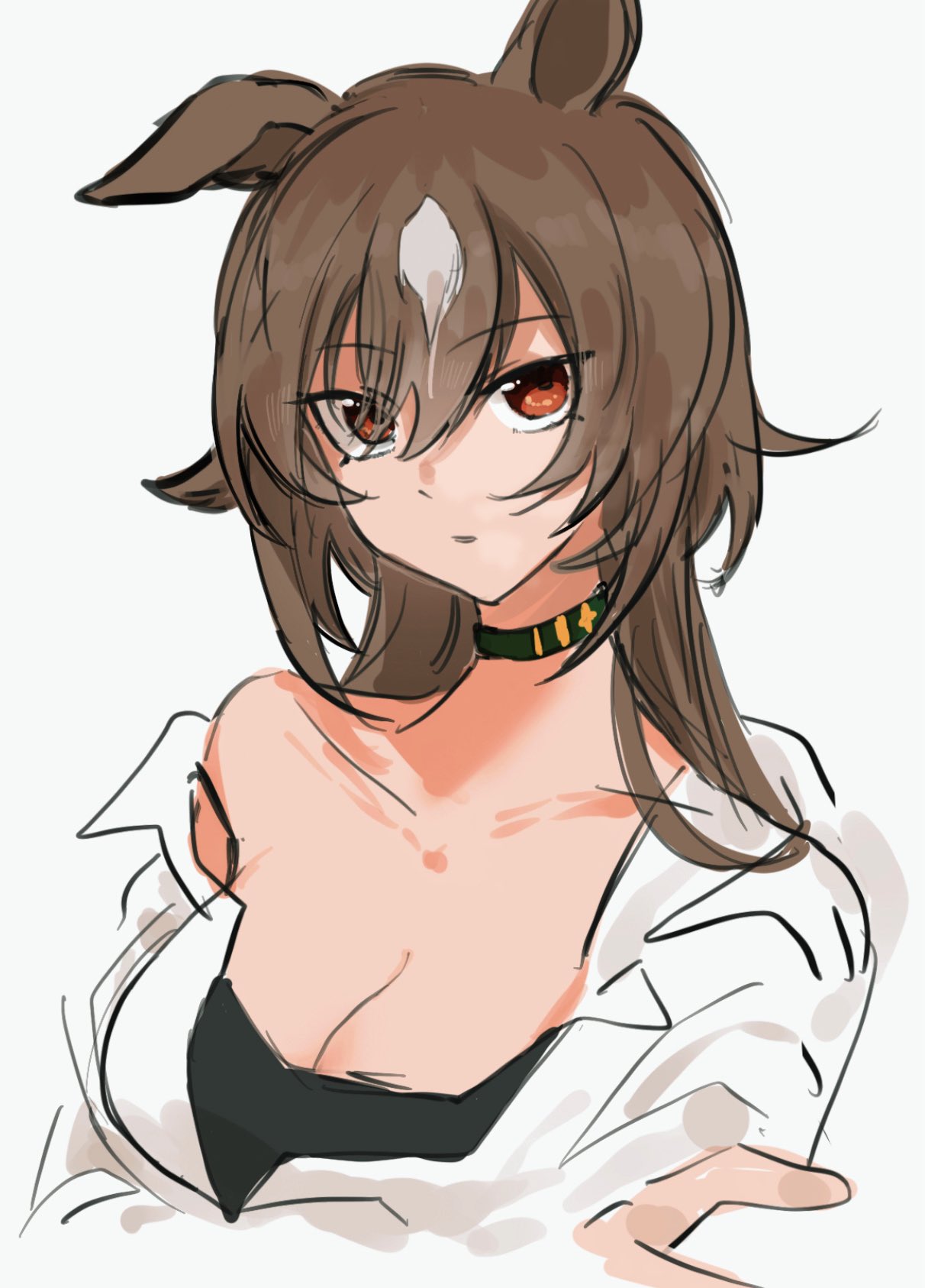 roroko momo, sirius symboli (umamusume), umamusume, highres, 1girl, animal ears, black choker, breasts, brown hair, choker, cleavage, horse ears, horse girl, multicolored hair, orange eyes, simple background, solo, streaked hair, upper body, white background