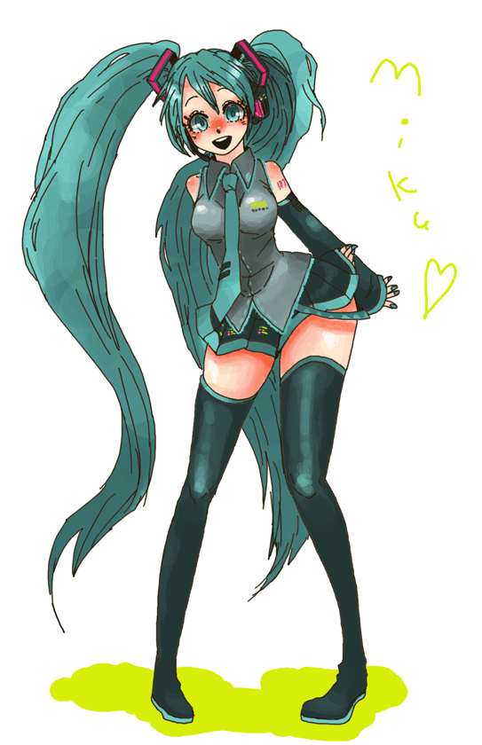 ten, ten (ch), hatsune miku, vocaloid, bad id, bad pixiv id, blue eyes, blue hair, blush, boots, long hair, necktie, skirt, solo, thigh boots, thighhighs, twintails
