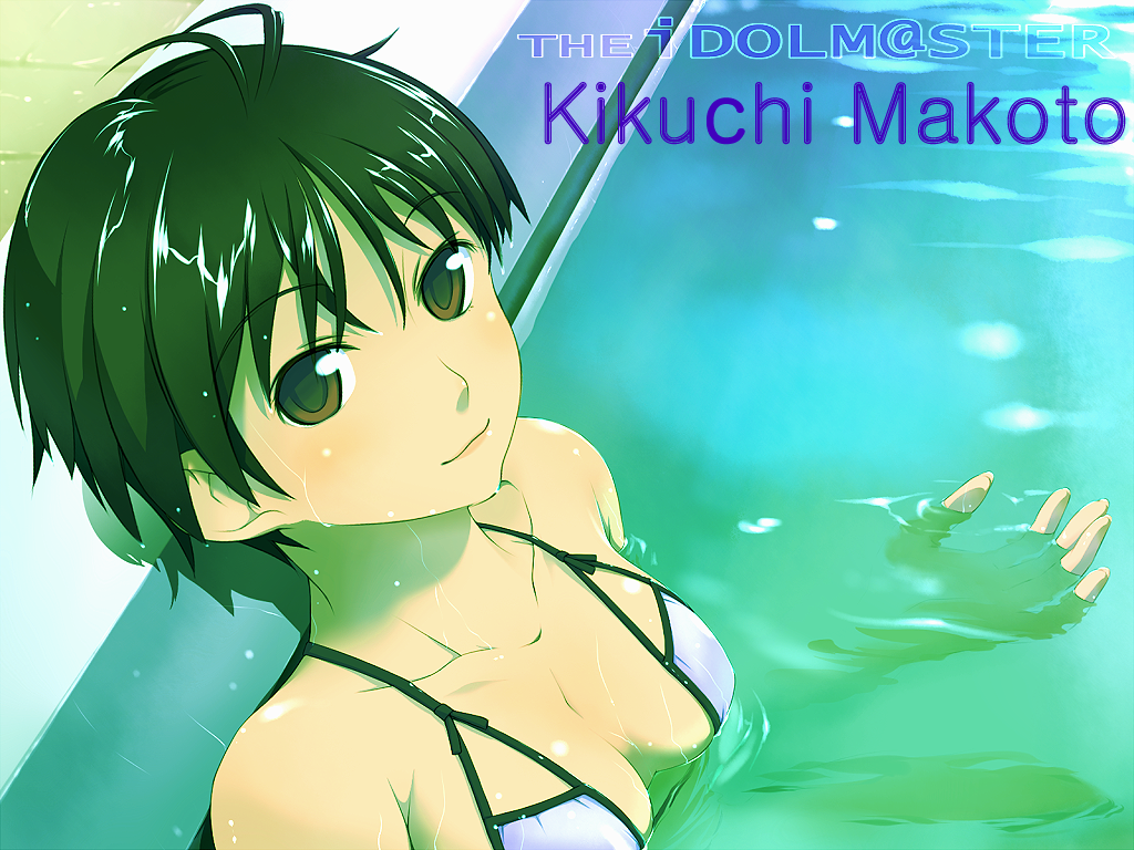 monmari, kikuchi makoto, idolmaster, idolmaster (classic), idolmaster 1, 00s, antenna hair, bikini, solo, swimsuit, water