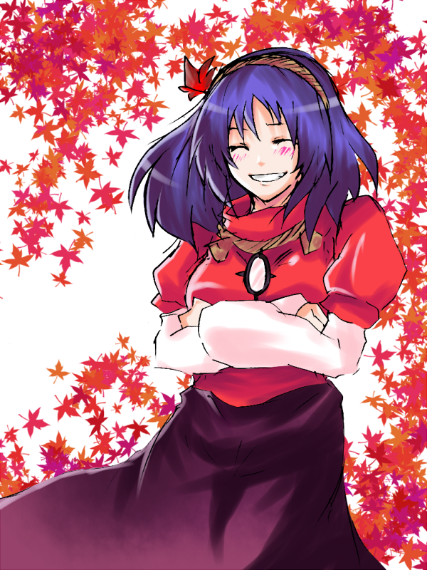yasaka kanako, touhou, 1girl, :d, ^ ^, autumn leaves, brooch, closed eyes, crossed arms, female focus, gem, hair ornament, hairband, jewelry, leaf, leaf hair ornament, necklace, open mouth, puffy short sleeves, puffy sleeves, purple hair, short sleeves, simple background, smile, solo, white background