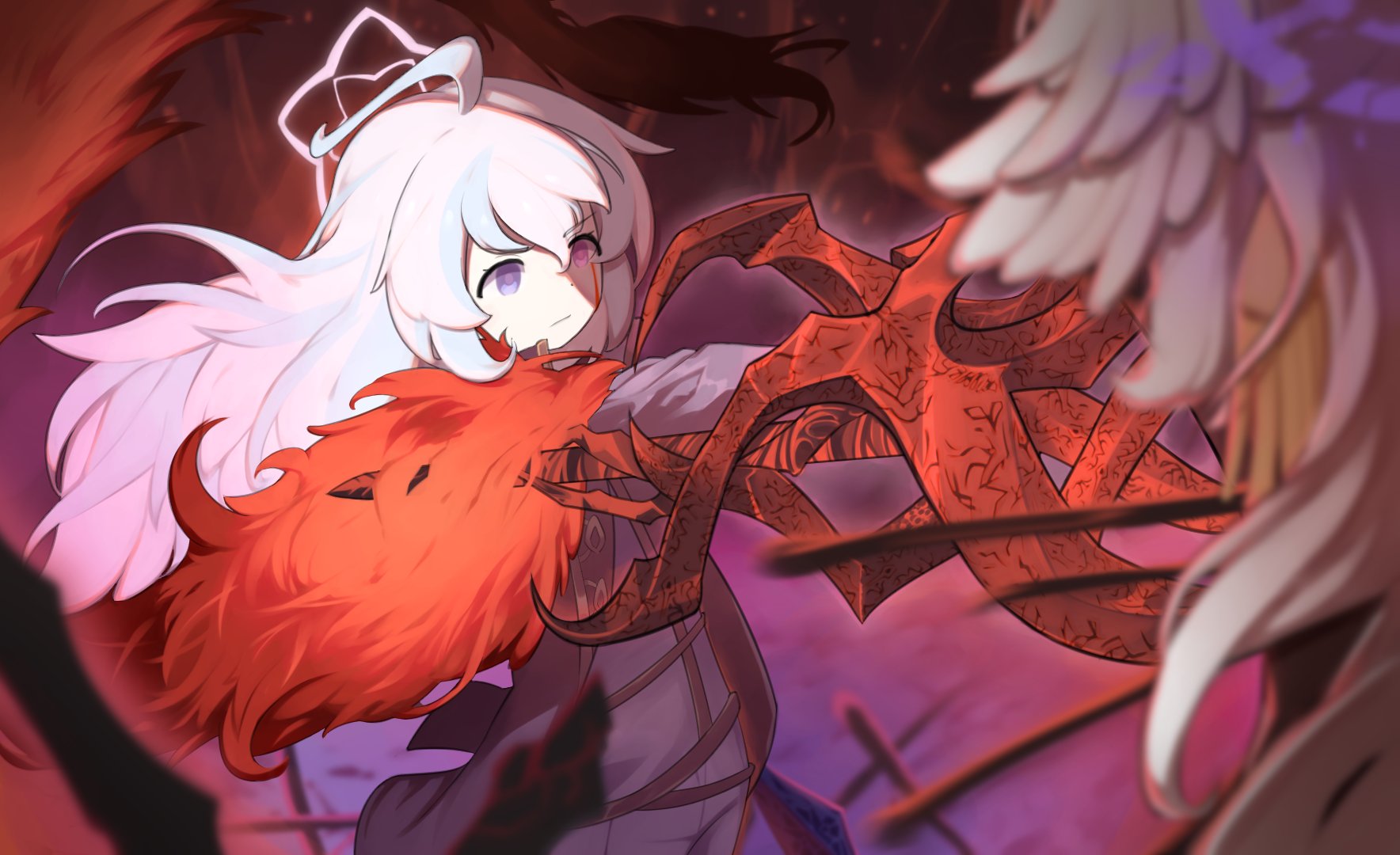 don quixote (project moon), reisa (blue archive), sancho (project moon), suzumi (blue archive), blue archive, limbus company, project moon, highres, 2girls, ahoge, aiguillette, armor, black coat, blood, coat, cosplay, e.g.o (project moon), empty eyes, epaulettes, feather boa, feathered wings, gold trim, gradient hair, halo, head wings, holding, holding polearm, holding weapon, impaled, jacket, la manchaland's don quixote (project moon), la manchaland's don quixote (project moon) (cosplay), la manchaland (identity) (project moon), la sangre de sancho (e.g.o), lance, long hair, military uniform, multicolored hair, multiple girls, polearm, shoulder armor, snowcrab83, solo focus, stab, star halo, weapon, white hair, white jacket, wings