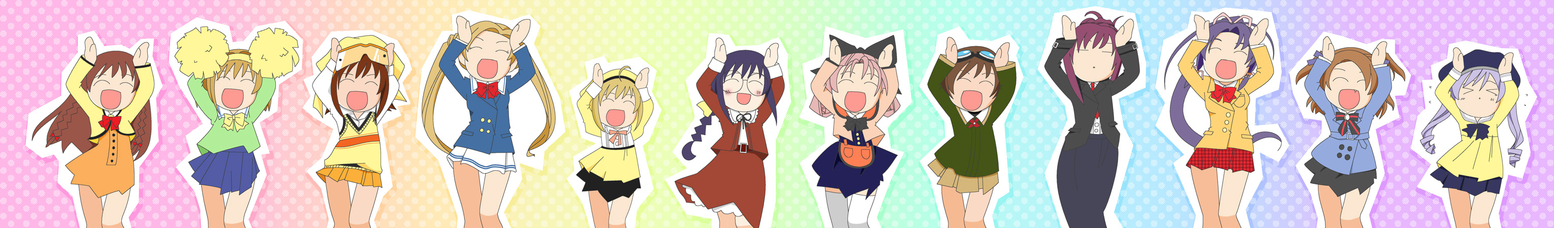 aria (sister princess), chikage (sister princess), haruka (sister princess), hinako (sister princess), kaho (sister princess), karen (sister princess), mamoru (sister princess), marie (sister princess), rinrin (sister princess), sakuya (sister princess), shirayuki (sister princess), yotsuba (sister princess), sister princess, highres, long image, wide image, > <, 00s, 6+girls, caramelldansen, closed eyes, fang, multiple girls, pom pom (cheerleading), rainbow background, school uniform, serafuku