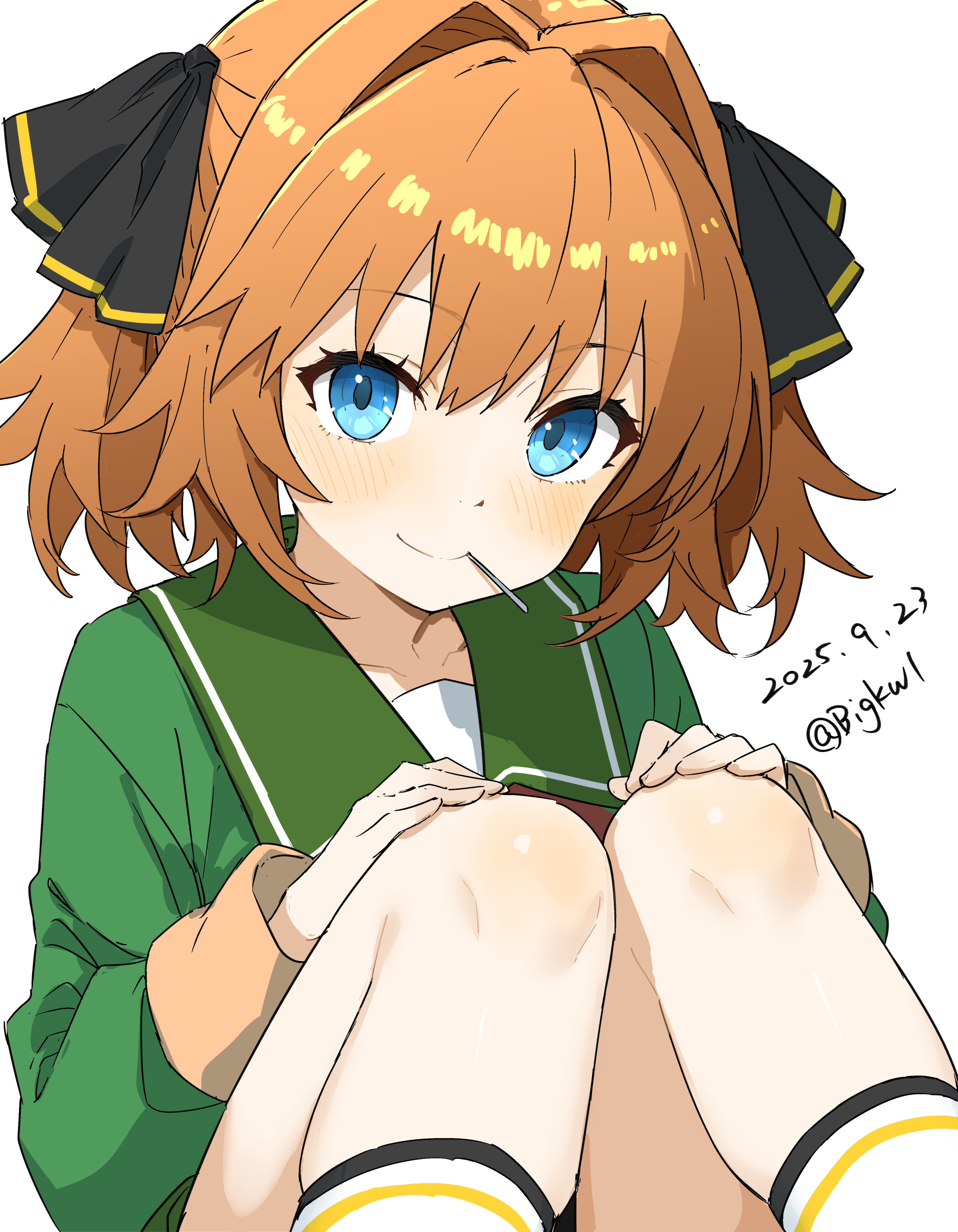 bigkwl, hachijou (kancolle), kantai collection, absurdres, highres, 1girl, black ribbon, blue eyes, brown hair, candy, food, green jacket, green sailor collar, hair ribbon, jacket, lollipop, lollipop in mouth, long sleeves, looking at viewer, ribbon, sailor collar, short hair, smile, solo
