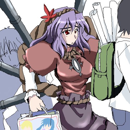 yasaka kanako, comiket, touhou, lowres, non-web source, 1girl, autumn leaves, female focus, hair ornament, layered sleeves, leaf, leaf hair ornament, long sleeves, short over long sleeves, short sleeves, solo