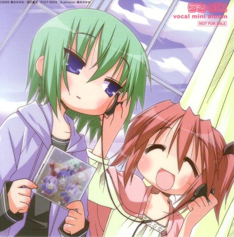 yoshimizu kagami, iwasaki minami, kobayakawa yutaka, lucky star, gender request, non-web source, official art, 00s, album cover, androgynous, blue eyes, couple, cover, earphones, flat chest, green hair, headphones, red hair, shared earphones, short hair, short twintails, twintails