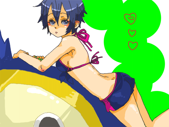 ten, ten (ch), kuma (persona 4), shirogane naoto, atlus, persona, persona 4, bad id, bad pixiv id, 1girl, androgynous, bikini, blue eyes, blue hair, breasts, dolphin shorts, female focus, reverse trap, short hair, short shorts, shorts, solo, swimsuit