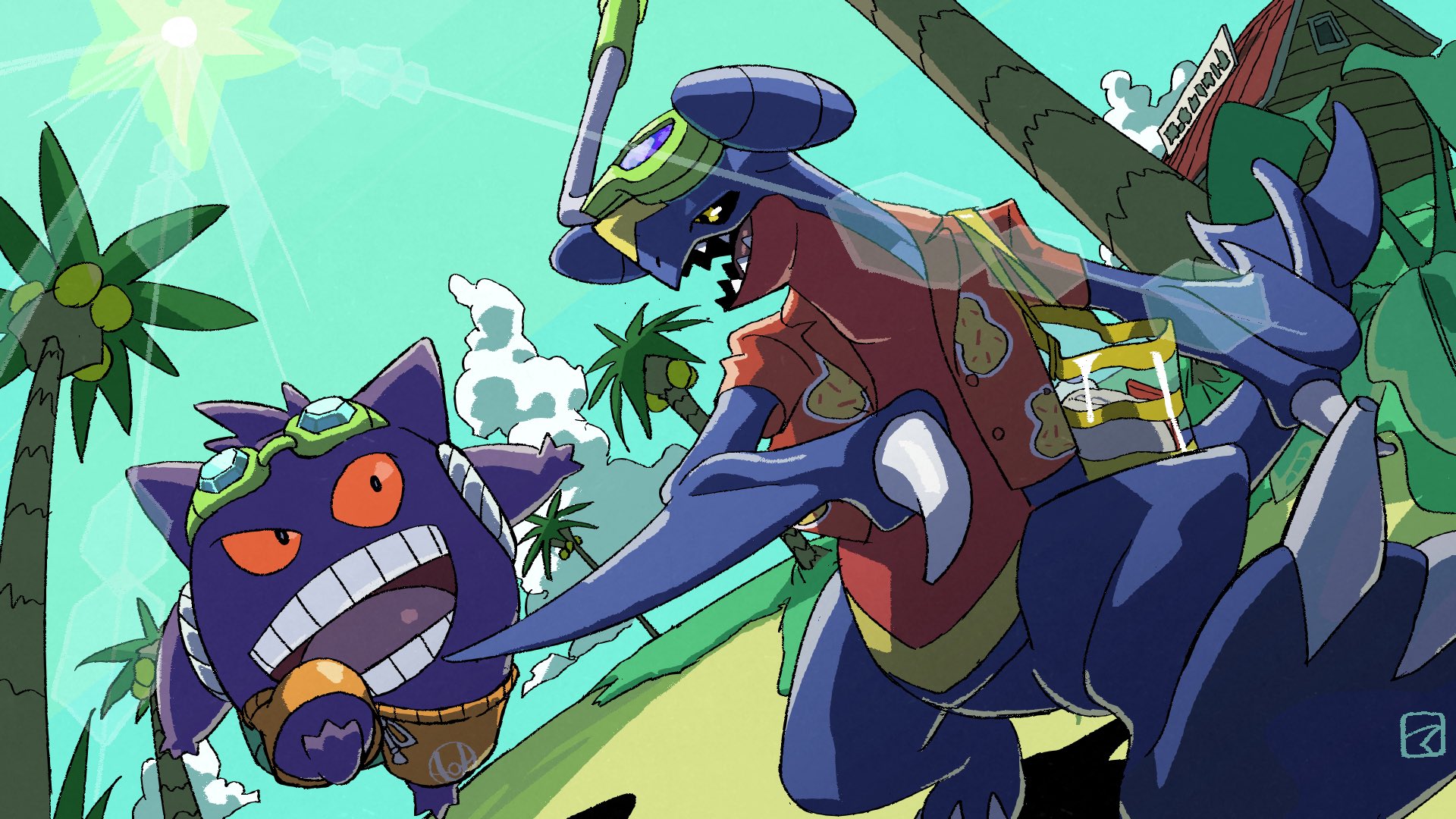 garchomp, garchomp (beach), gengar, gengar (beach), nintendo, pokemon, pokemon unite, artist request, highres, 2boys, beach, berry (pokemon), blue sky, cloud, gen 1 pokemon, gen 4 pokemon, goggles, light rays, looking at another, male swimwear, multiple boys, no humans, official alternate costume, palm tree, red eyes, red shirt, running, sand, shack, shirt, sitrus berry, sky, snorkel, sun, swim trunks, teeth, tree, yellow eyes