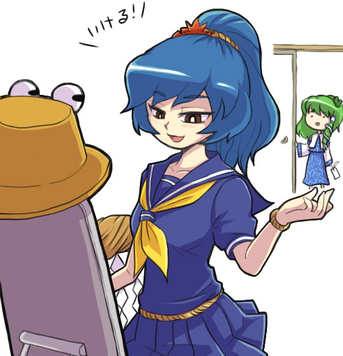 kty (04), kochiya sanae, yasaka kanako, touhou, 2girls, alternate costume, blue hair, female focus, green hair, hat, japanese clothes, miko, multiple girls, ponytail, school uniform, serafuku