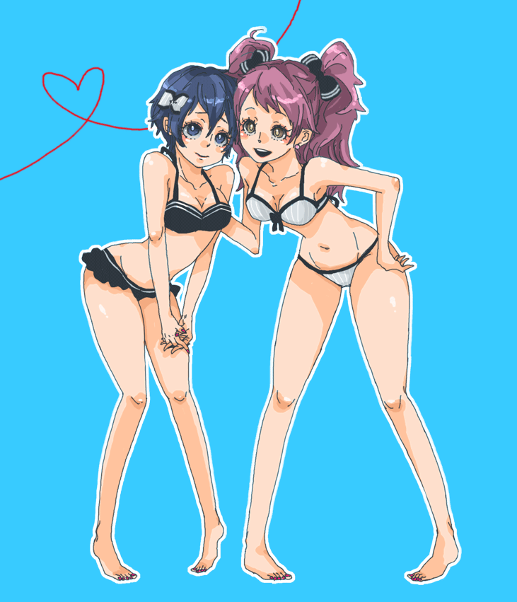 ten, ten (ch), kujikawa rise, shirogane naoto, atlus, persona, persona 4, bad id, bad pixiv id, 2girls, androgynous, bikini, blue eyes, blue hair, female focus, hair ribbon, multiple girls, pink hair, reverse trap, ribbon, short hair, smile, swimsuit, twintails