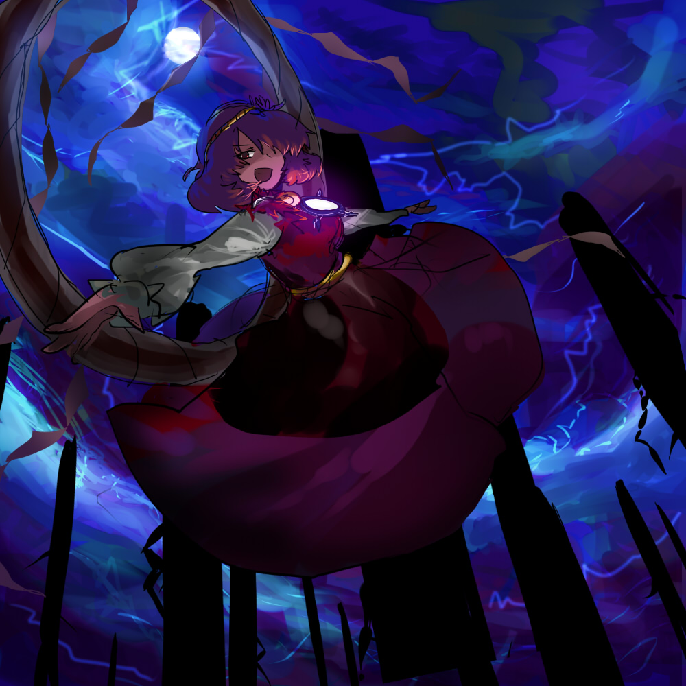 db (m0mom0), ddbb, yasaka kanako, touhou, bad id, bad pixiv id, 1girl, crystal, dress, female focus, full moon, moon, open mouth, outstretched arms, purple hair, red eyes, short hair, smile, solo