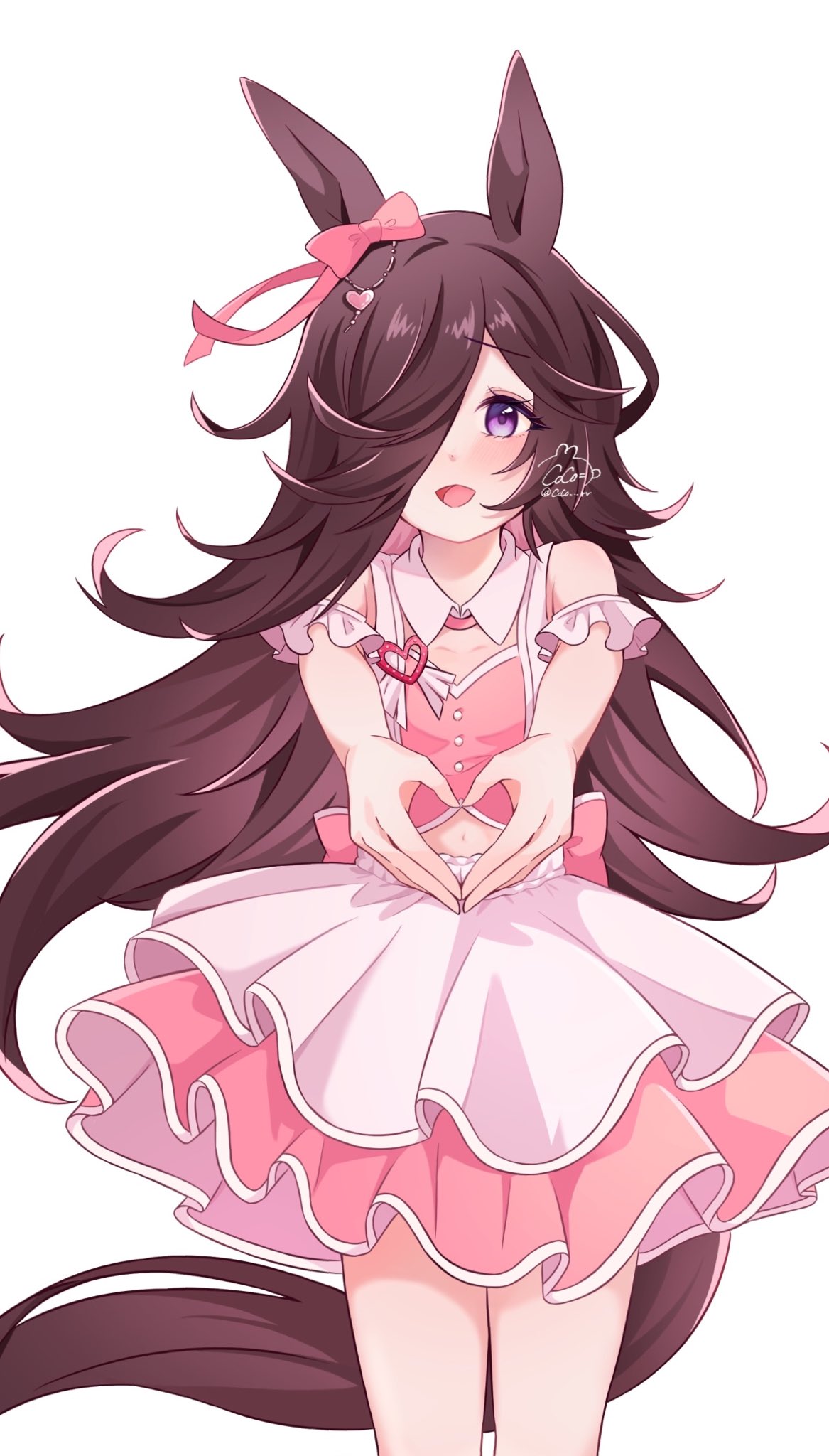 coco (coco rr), rice shower (umamusume), umamusume, highres, 1girl, animal ears, blush, bow, brown hair, clothing cutout, cowboy shot, cropped shirt, ear bow, ear ornament, ear ribbon, flipped hair, hair over one eye, heart, heart hands, horse ears, horse girl, horse tail, layered skirt, long hair, looking at viewer, meni shuki rush-sshu!, midriff, navel, open mouth, pink bow, pink shirt, pink skirt, purple eyes, shirt, shoulder cutout, simple background, skirt, smile, solo, tail, white background