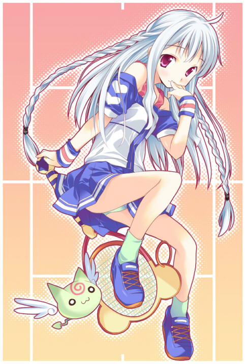inase shin'ya, silver hair, source request, 1girl, :3, bare shoulders, female focus, green panties, panties, petite, solo, tennis, twintails, underwear, upskirt
