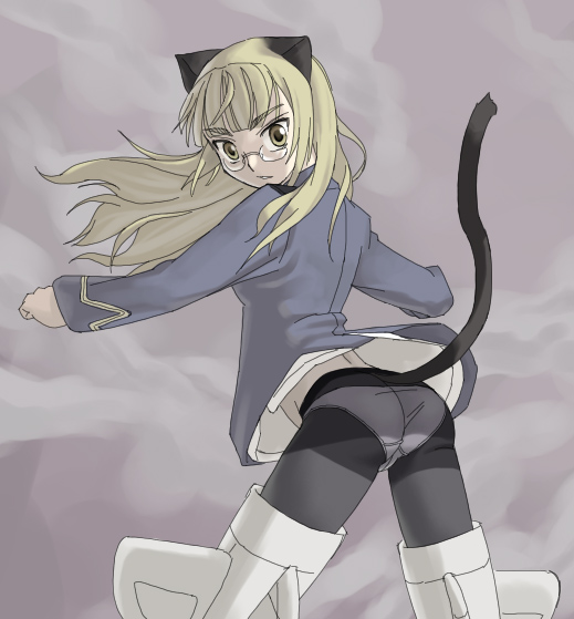 you2, perrine h. clostermann, strike witches, world witches series, 00s, 1girl, animal ears, ass, blonde hair, crotch seam, female focus, glasses, long hair, panties, panties under pantyhose, pantyhose, solo, striker unit, tail, underwear, yellow eyes