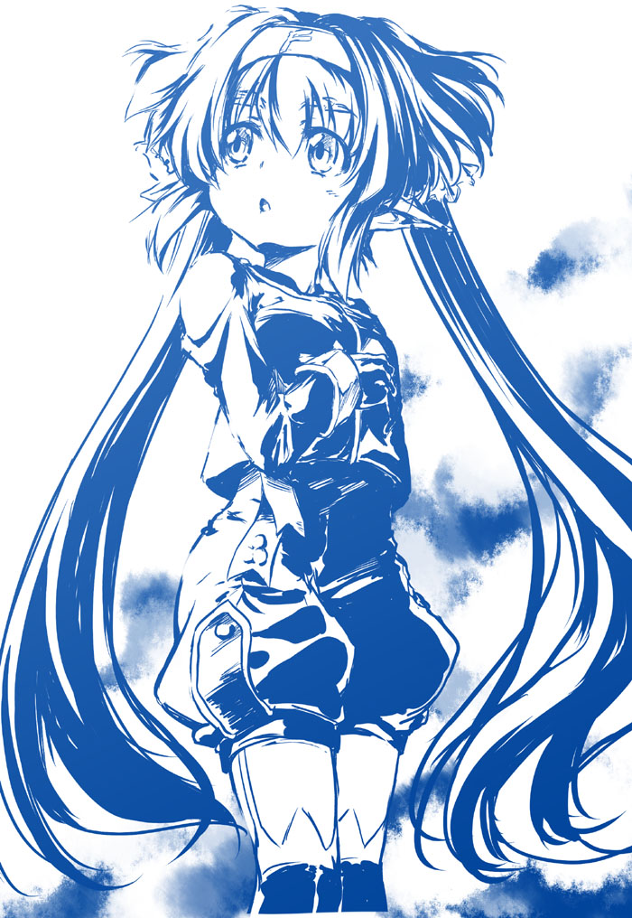 mikage baku, klan klein, macross, macross frontier, 00s, 1girl, :o, bare shoulders, blue theme, blush, detached sleeves, female focus, long hair, looking back, monochrome, parted lips, shorts, simple background, solo, standing, thighhighs, twintails, very long hair, vest, white background, zettai ryouiki