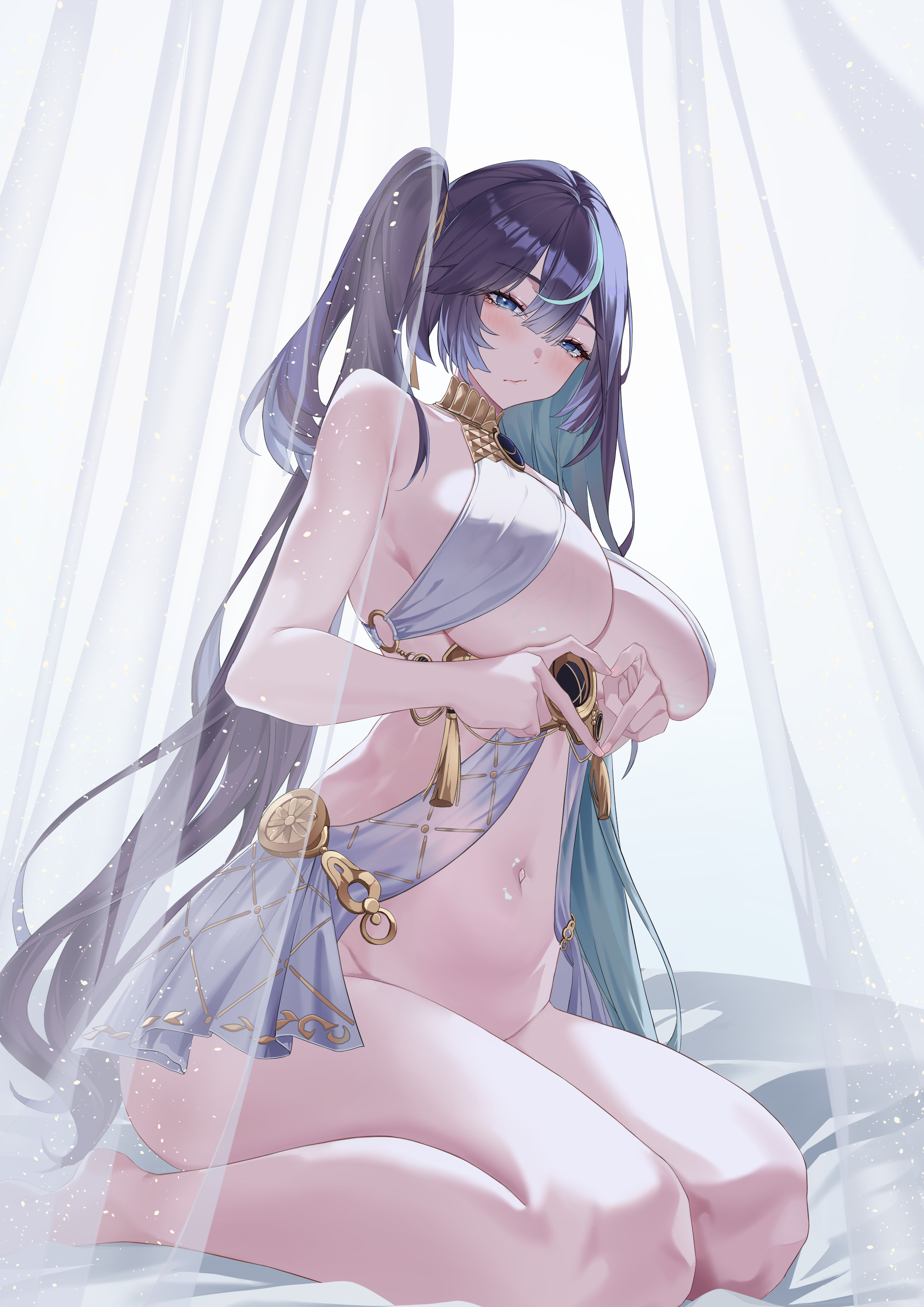 z531525600, iuno (wuthering waves), wuthering waves, absurdres, commentary request, highres, partial commentary, 1girl, bare shoulders, blue eyes, blush, bottomless, breasts, closed mouth, four-finger heart hands, heart, heart hands, large breasts, looking at viewer, multicolored hair, navel, on bed, sitting, solo, stomach, streaked hair, thighs, twintails, wariza
