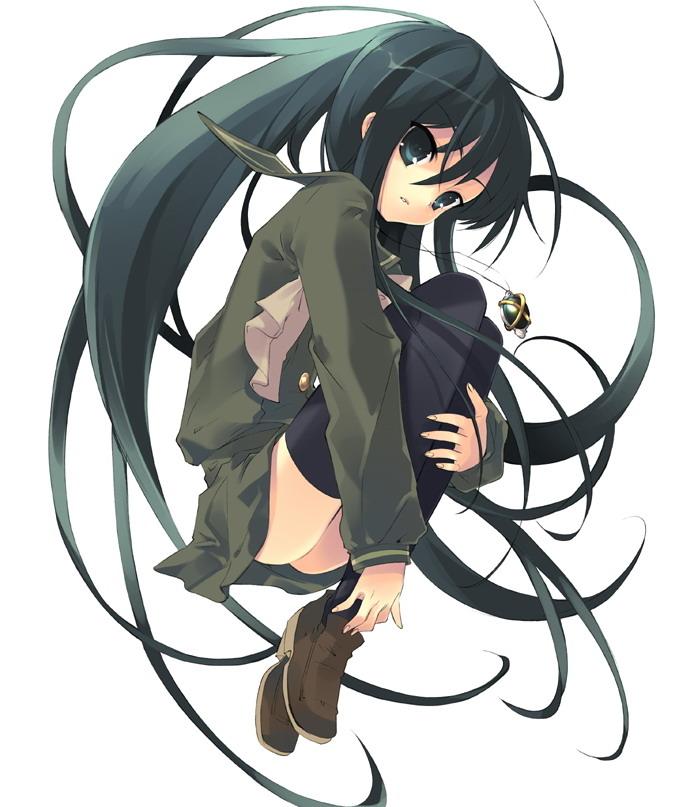 ito noizi, alastor (shakugan no shana), shana, shakugan no shana, jpeg artifacts, non-web source, 00s, 1girl, black hair, female focus, fetal position, green eyes, jewelry, long hair, necklace, pendant, school uniform, serafuku, solo, thighhighs, zettai ryouiki