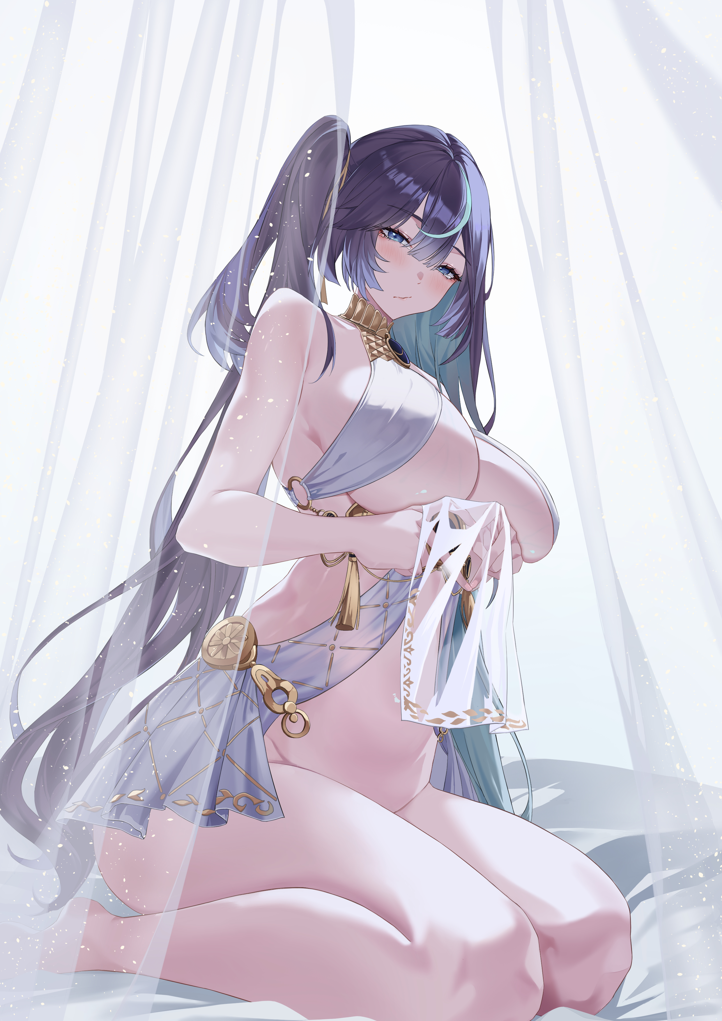 z531525600, iuno (wuthering waves), wuthering waves, absurdres, commentary request, highres, partial commentary, 1girl, bare shoulders, blue eyes, blush, bottomless, breasts, closed mouth, four-finger heart hands, heart, heart hands, large breasts, looking at viewer, multicolored hair, navel, on bed, sitting, solo, stomach, streaked hair, thighs, twintails, wariza