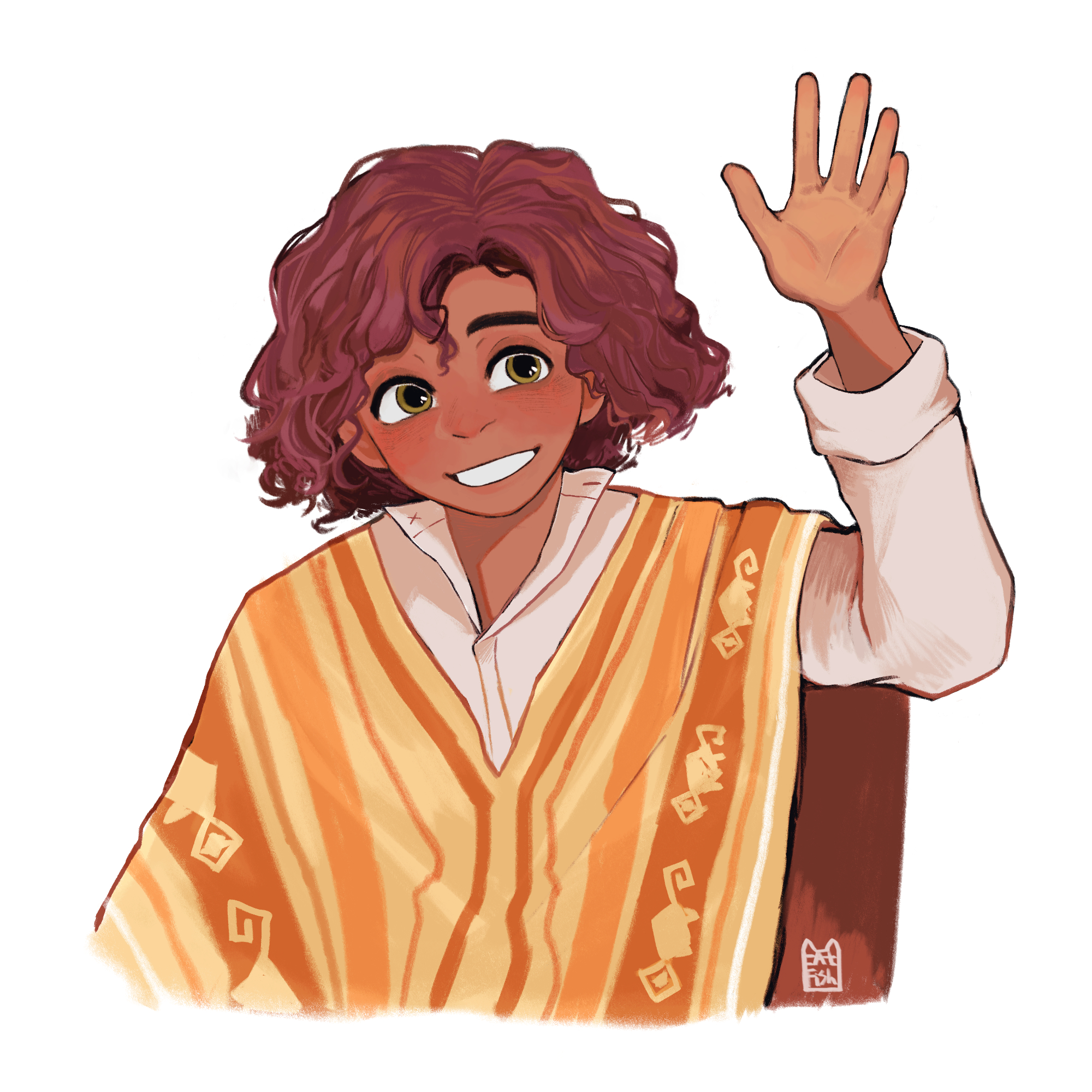 catfish (pixiv 28197383), camilo madrigal, encanto, highres, 1boy, afro, brown eyes, brown hair, colombian clothes, curly hair, dark-skinned female, dark-skinned male, dark skin, male focus, poncho, shirt, short hair, simple background, smile, solo, white shirt, yellow poncho