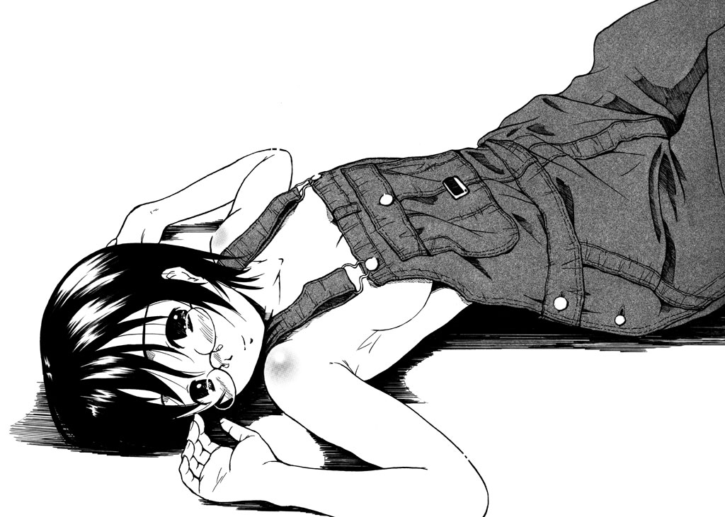 ooshiro youkou, original, blush, glasses, greyscale, lying, monochrome, naked overalls, overalls, solo