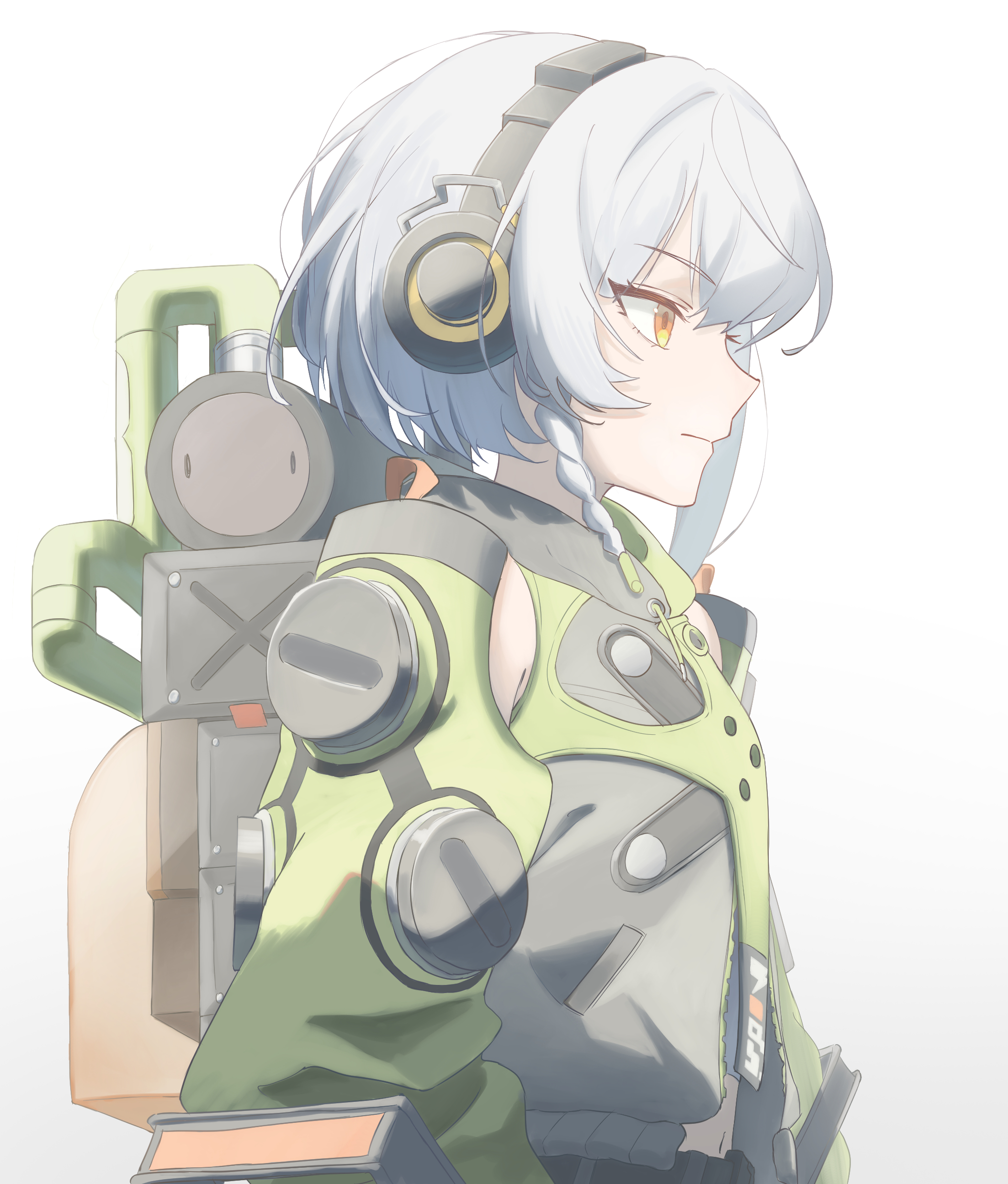 anby demara, zenless zone zero, absurdres, highres, 1girl, backpack, bag, bare shoulders, braid, braided sidelocks, closed mouth, detached sleeves, from side, green jacket, green sleeves, grey hair, headphones, jacket, multicolored jacket, multicolored sleeves, orange eyes, short hair, sleeveless, sleeveless jacket, solo, user seaf4572, white background